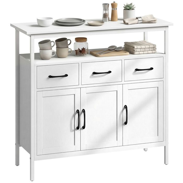 Buffet cuisine - HOMCOM - 3 portes 3 tiroirs compartiment ouvert et étagères réglables - bois - 95x35x88cm - blanc