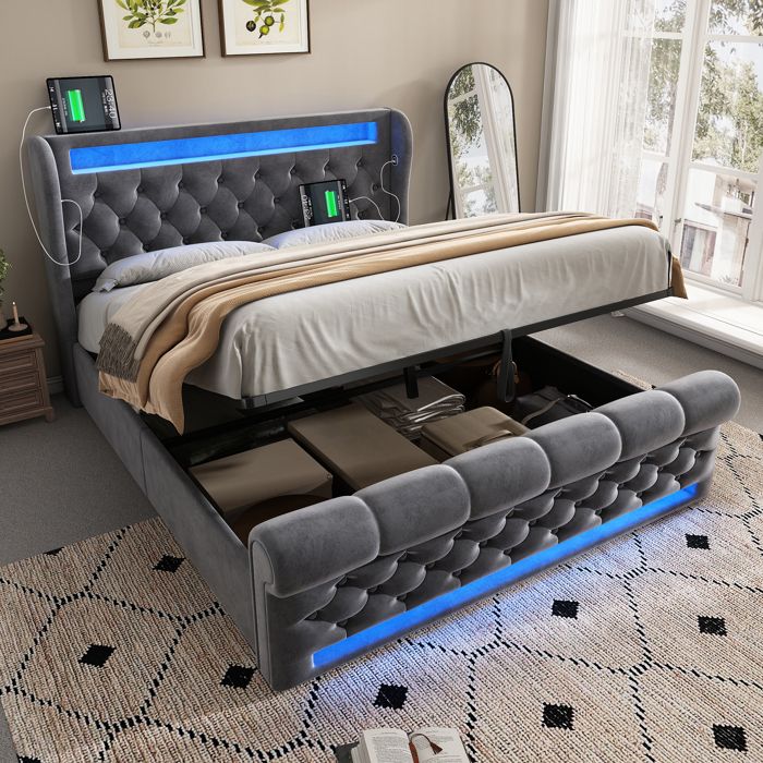 Lit Coffre Hydraulique 140x200 cm Lit Rembourré avec Éclairage LED Ports USB Type-C - Design à Boutons Diamant - Velours - Gris