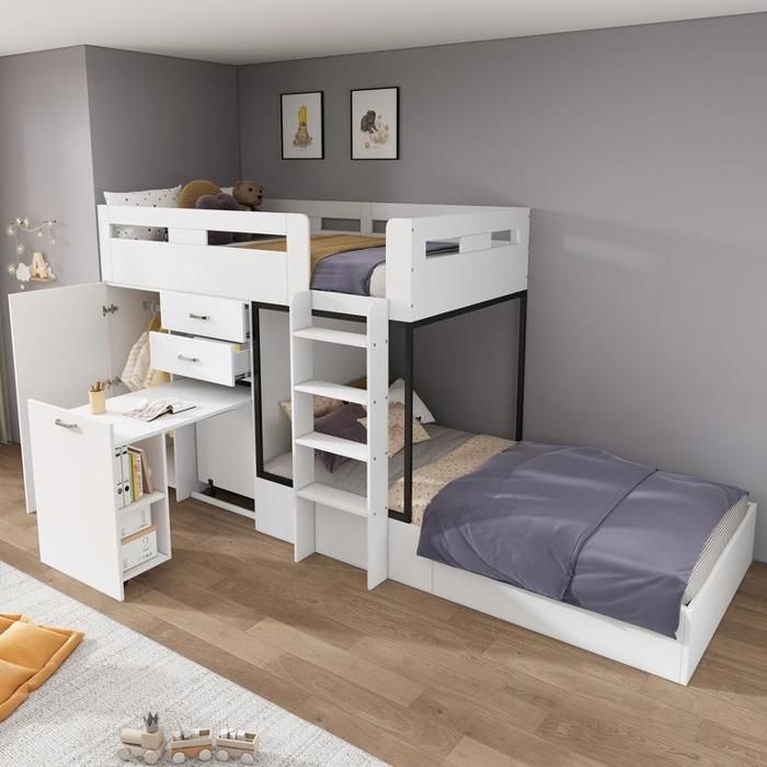 Lit superposés 90×200 cm avec bureau coulissant et penderie Lit enfant avec tiroir étagères et échelles Lit 2 personnes en blanc