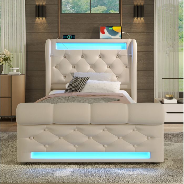 Lit coffre hydraulique 90 × 200 cm en velours beige avec LED et USB-C