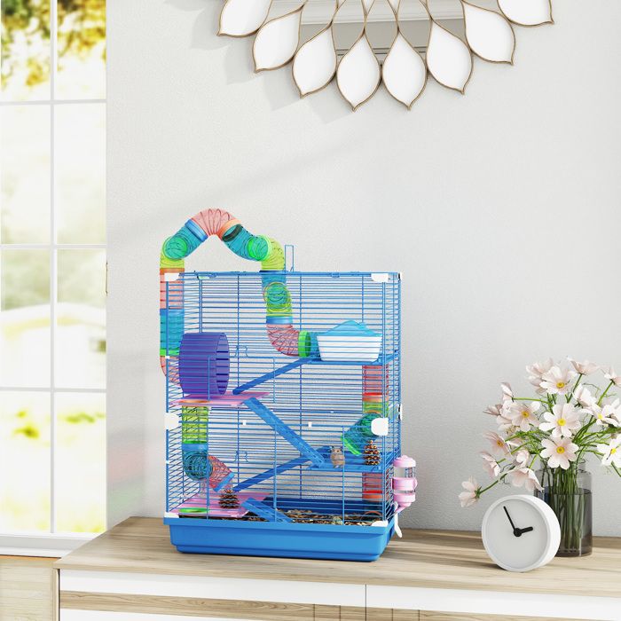 MOTHINESSTO4205-Cage pour hamster rongeur 4 étages avec tunnels mangeoire roue maison échelles 46 x 30 x 58 cm bleu
