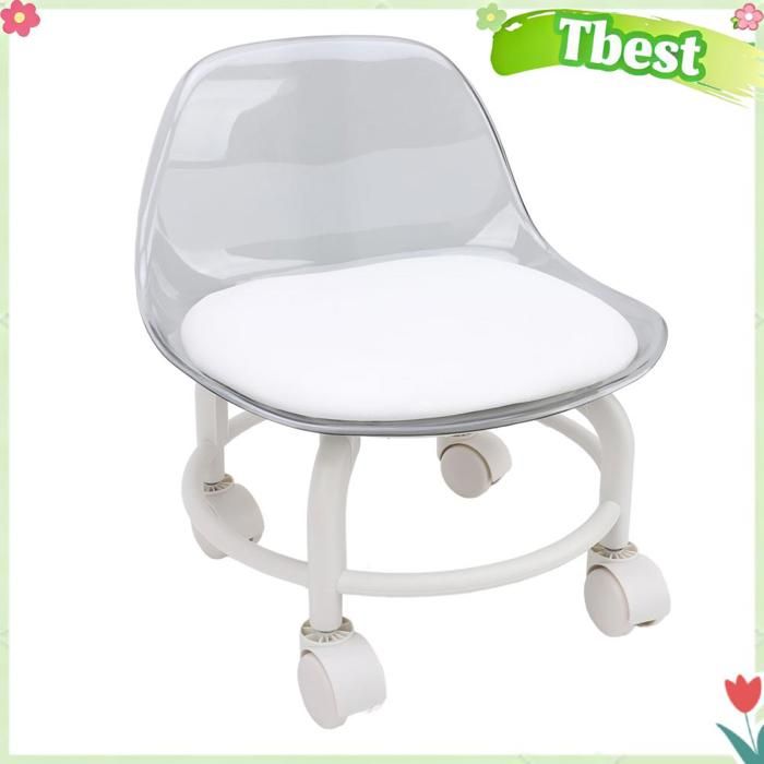 Tbest tabouret roulant bas avec support dorsal Tabouret roulant bas avec roulettes Support sport chaise Blanc transparent
