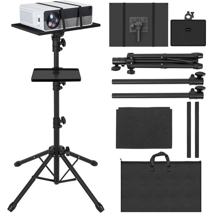 Trépied De Projecteur Avec 2 Étagères Et 4 Pieds Support Portable Réglable Hauteur 65-130 Cm Rotation À 180 Degrés Pour Projecte