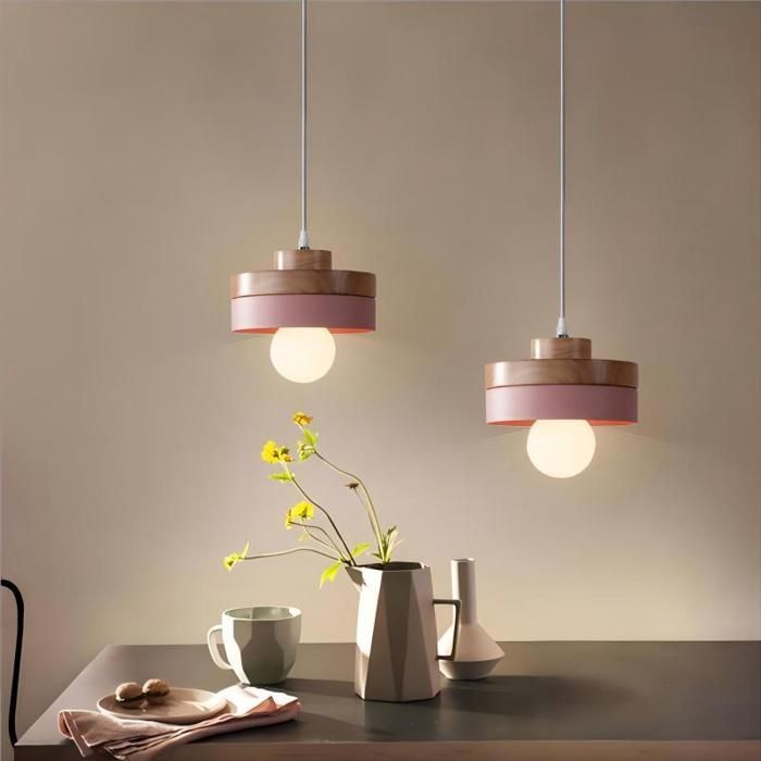 Suspension Luminaire - SMOTOP - 2x E27 - Métal et Bois - Rose Ø18×10 cm