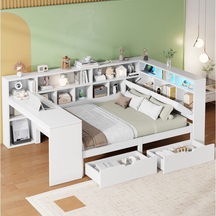ULEVR lit plateforme 140 x 200 cm en L blanc avec bureau bibliotheque 2 tiroirs tete de lit LED et USB