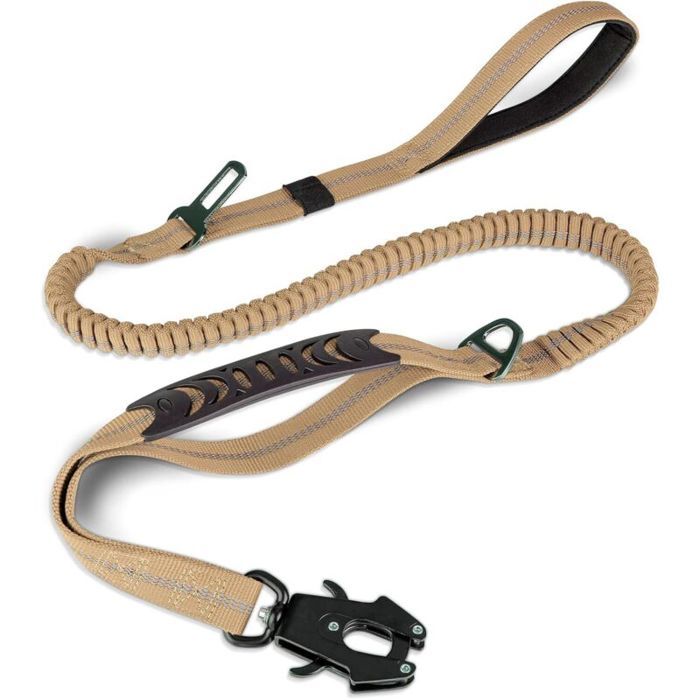 Laisse pour chien kaki avec 2 poignées rembourrées mousqueton métal et ceinture sécurité auto pour chiens moyens et grands