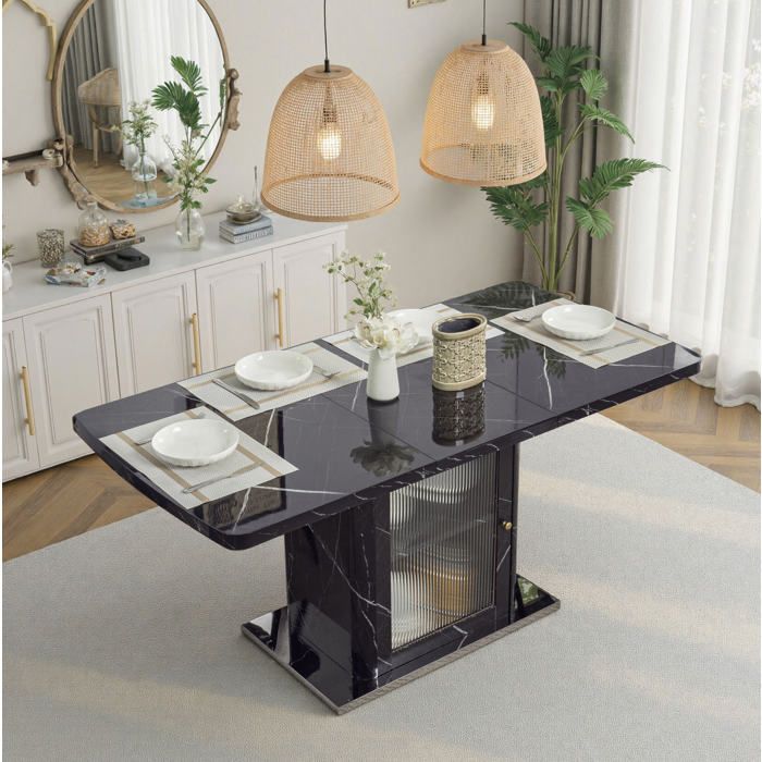 Table de Salle à Manger Extensible avec Rangement Intégré Porte Vitrée et Étagère Réglable MDF Noir - UVRION