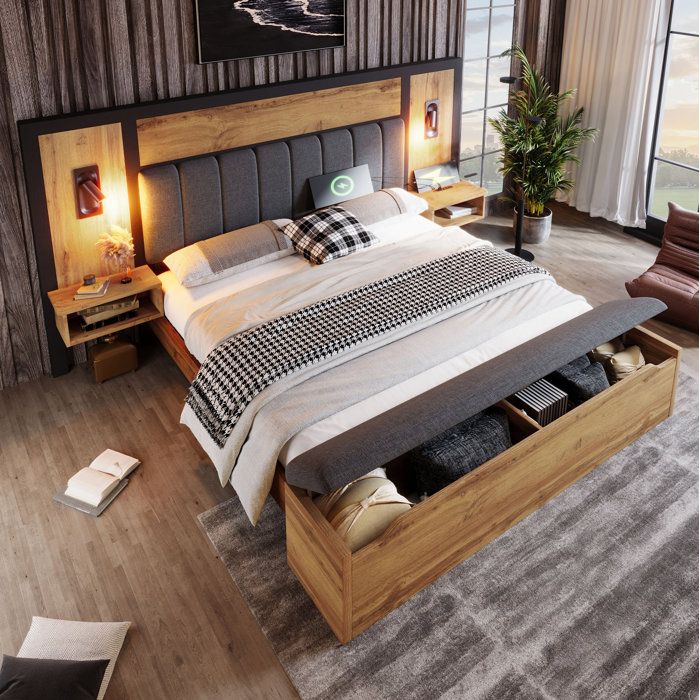 Lit double 160 x 200 cm - sommier a lattes avec liseuses USB Type-C chevets integres et banc coffre - coloris chene