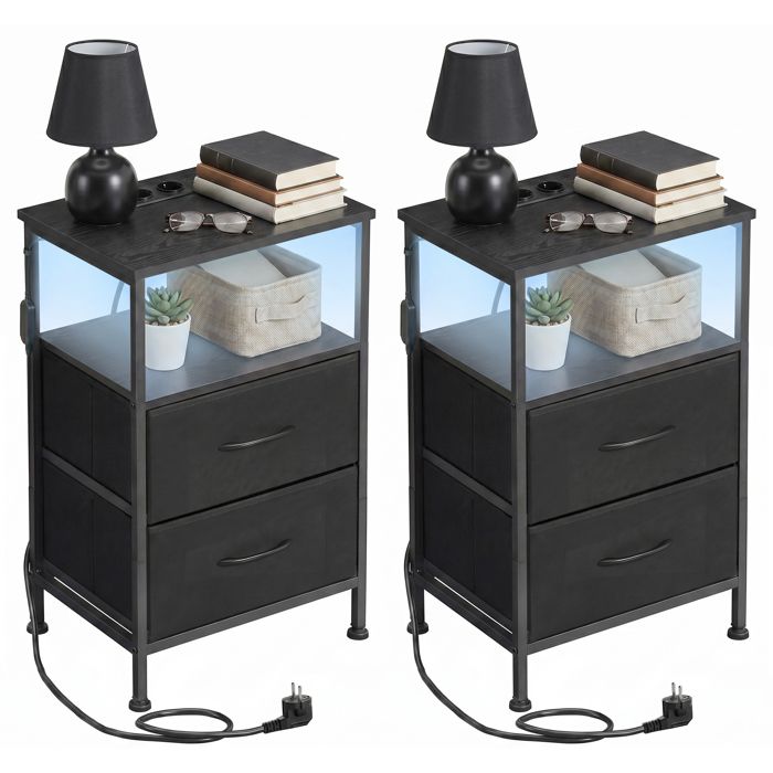 Table de Chevet avec Éclairage LED et Multiprise Lot de 2 2 Tiroirs et 1 Compartiment Ouvert Noir