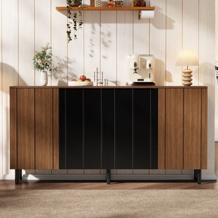 Buffet Cuisine avec 4 Portes Meuble de Rangement Multifonctionnel Pour Cuisine Salle à Manger et Salon 160x35x80cm Noir + Noyer