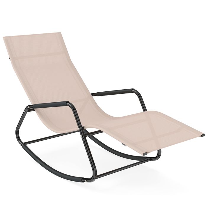 Chaise Longue COSTWAY à Bascule Jardin Extérieur - Bain de Soleil à Bascule 143x57x86cm - Tissu Respirant - 160kg - Beige