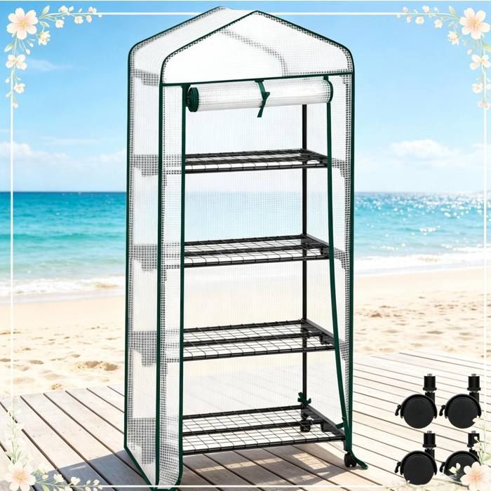 Serre de jardin compacte à roulettes 70 x 50 x 163 cm en PE 140 g/m² et acier 4 étagères blanc