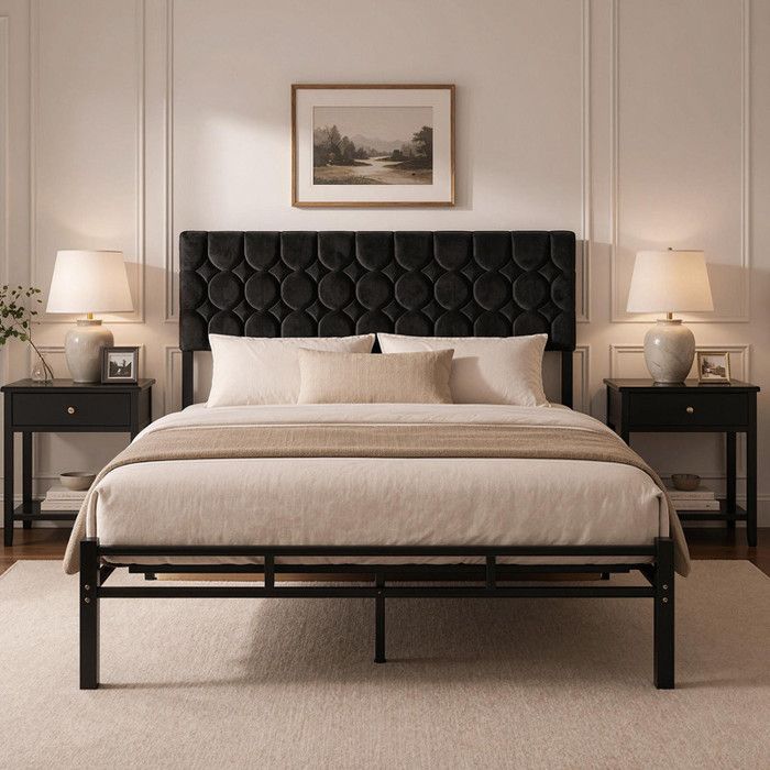 Lit 140x200 cm - AURALUM MAX - Velours Noir - Tête rembourrée - Sommier 12 lattes métal - Charge 500 kg