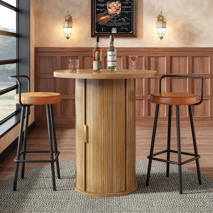 Table De Bar Ronde avec 2 Tabourets-Ensemble Bistrot Industriel Style Campagne-Table Haute Gain De Place pour Cuisine-marron foncé