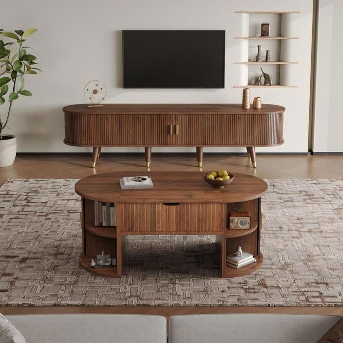 Ensemble meuble TV - KOMHTOM - 175x38x44 7cm + table 100x50x40 5cm - MDF noyer - Portes coulissantes - Plateau relevable