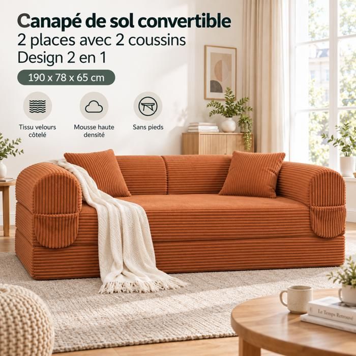 Canapé convertible 2 places - SOGEU - Lit banquette - Velours côtelé orange - 190x78x65 cm - Mousse haute densité