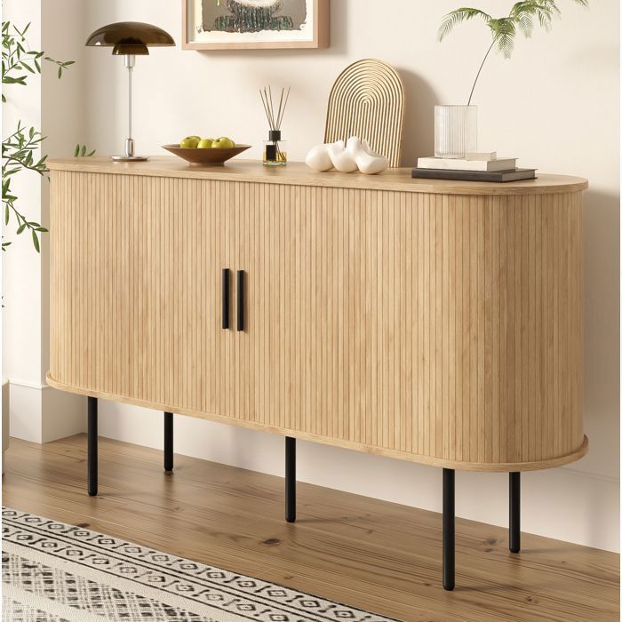 Buffet bas - SENVIRO - en MDF portes à enroulement poignées en aluminium noir pieds en fer noir 140 x 40 x 78 cm bois naturel
