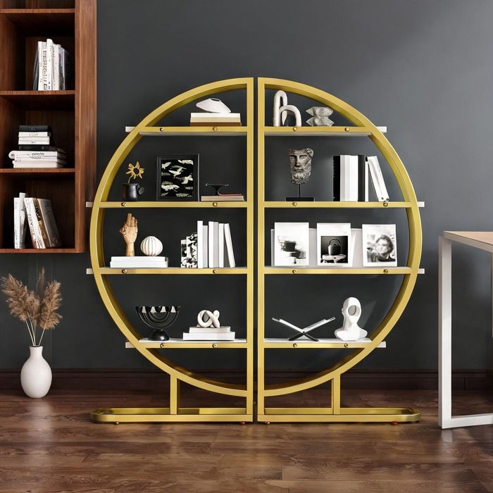Étagère de rangement demi-lune modulable 120 cm structure acier doré 4 tablettes MDF blanc épuré idéale salon ou cuisine