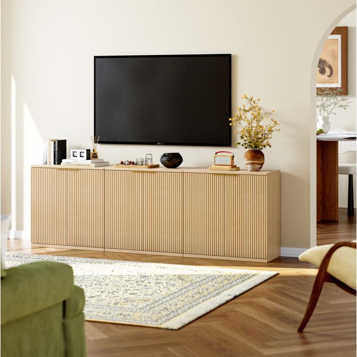 Buffet de rangement 2 portes AESVAR façade nervurée 80 x 40 x 80 cm MDF décor chêne clair
