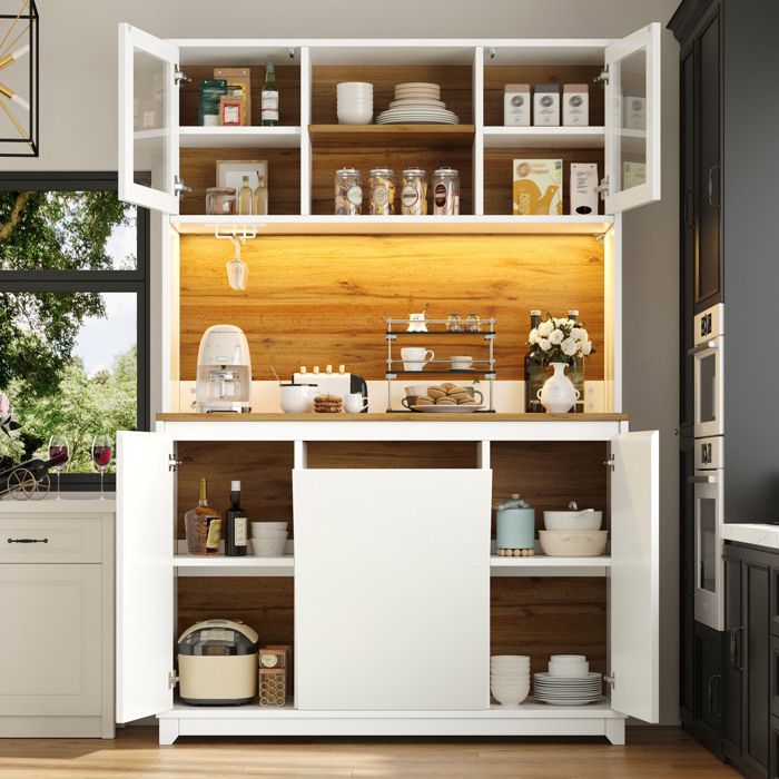 Buffet de cuisine blanc 120 x 40 x 180 cm avec LED portes en acrylique et grand rangement JOINERY