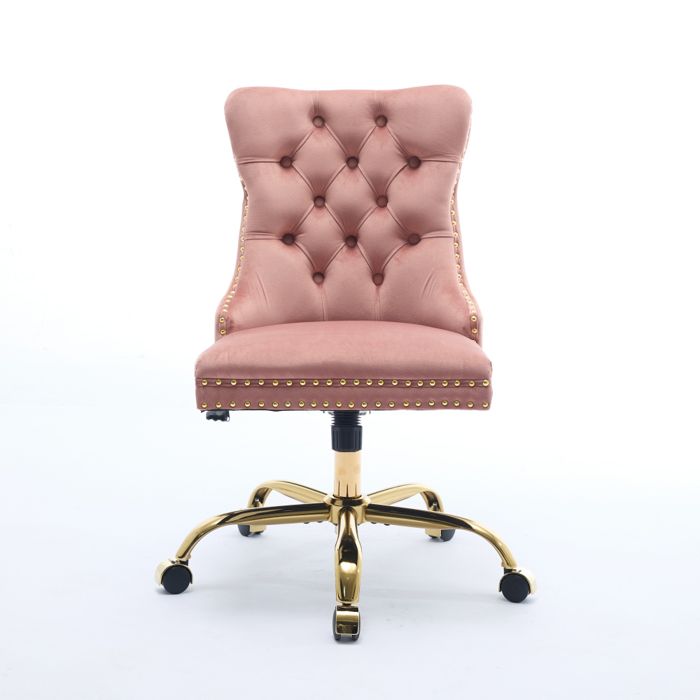 Chaise de bureau en velours rose avec dossier capitonné base métal doré et assise pivotante Chaise de bureau en velours rose avec dossier capitonné base métal doré et assise pivotante