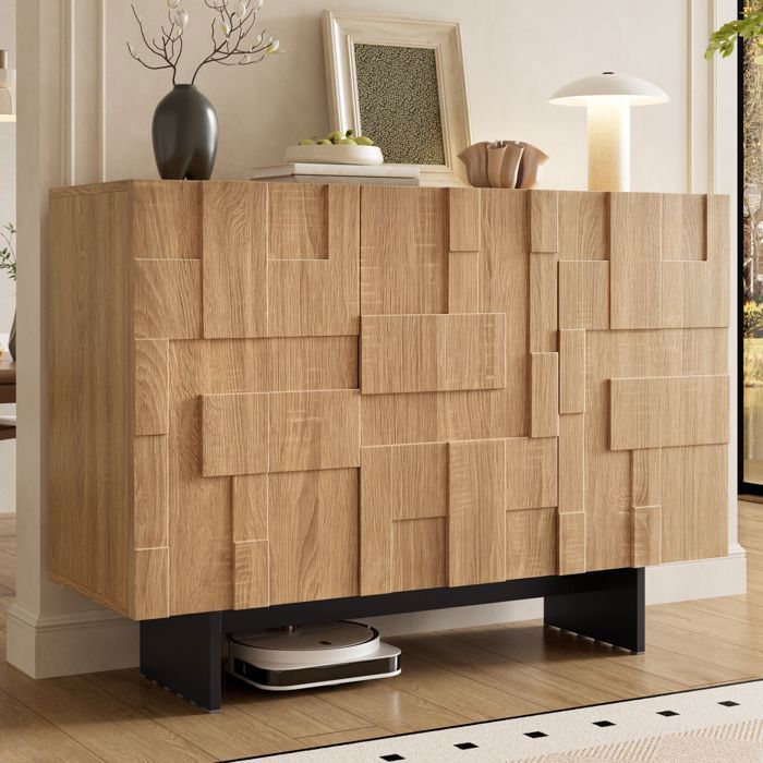 Buffet de Salon 105 cm Bahut 3 Portes à Façades 3D Étagères Réglables Bois Naturel et Noir