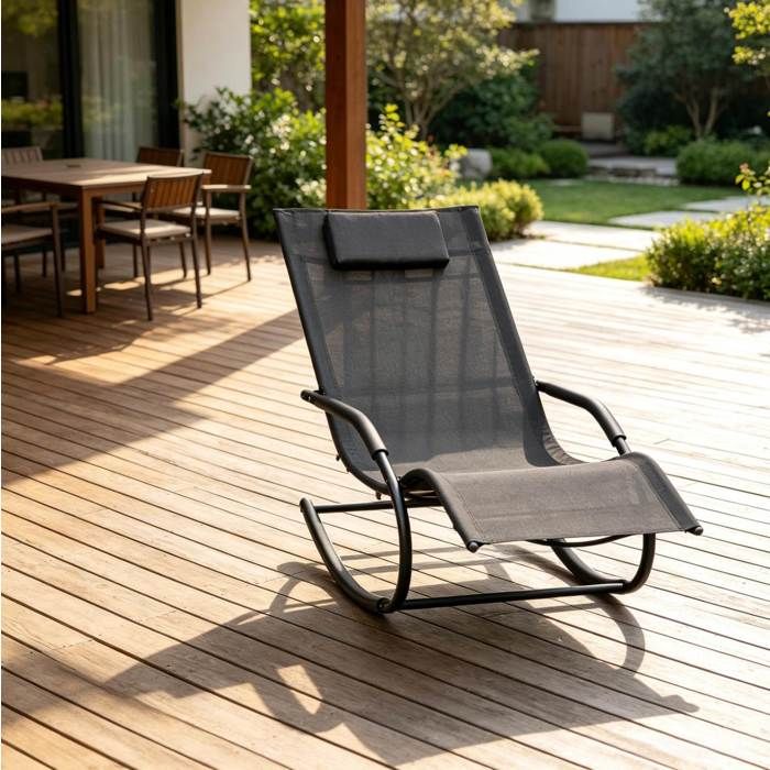 Fauteuil À Bascule En Textilène Noir Chaise Longue Relax FloraGrace Pour Jardin Et Véranda Facile À Nettoyer 62x150x84cm