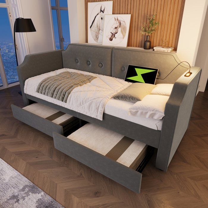 Lit coffre 90x200 avec tiroirs USB Type-C lampe de lecture velours gris pour enfant et adolescent
