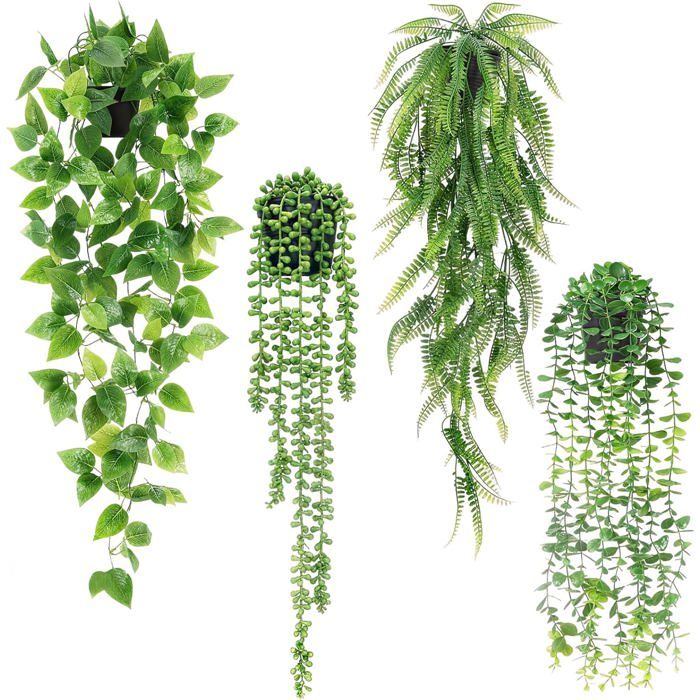 Lot 4 Plantes Artificielles Suspendues avec Pots Décoration Étagère Bureau Salon Intérieur et Extérieur
