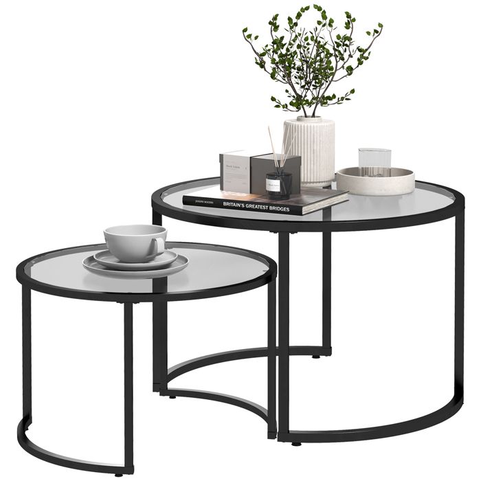 Ensemble de 2 tables gigognes rondes plateau en verre trempé structure en acier noir et transparent