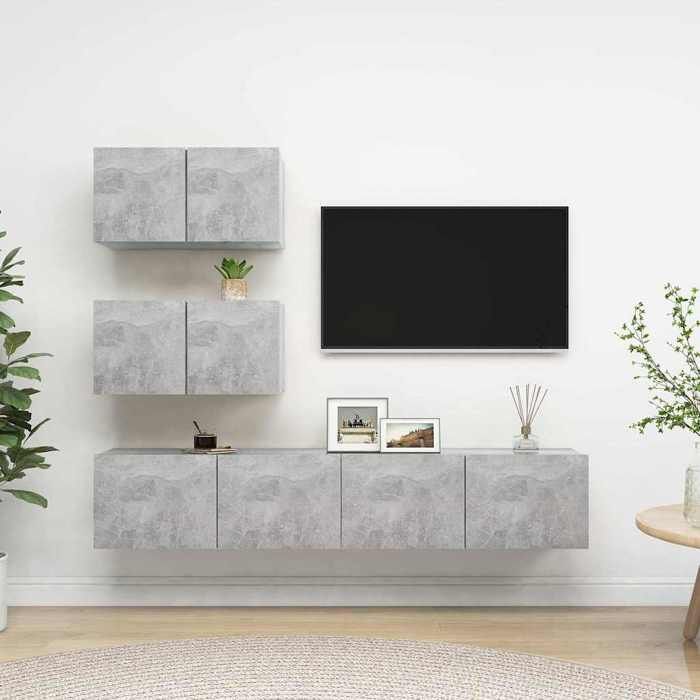 Ensemble Armoires-HIFI (Lot de 4) - Meuble TV suspendu - Grande espace - Gris béton Bois dingénierie(3 parcel) T6169