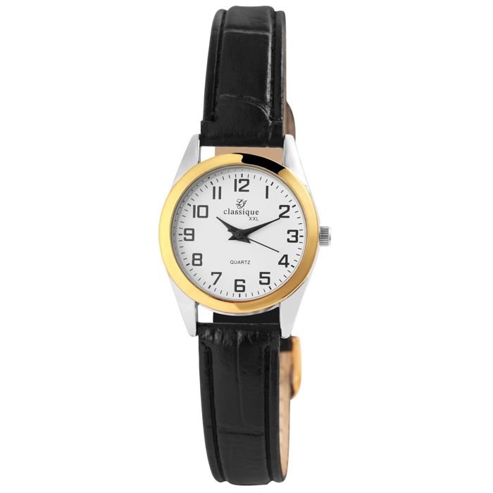 Montre - CLASSIQUE - Classique - Similicuir noir 14 mm - Boîtier 26 mm bicolore argent/or - Quartz