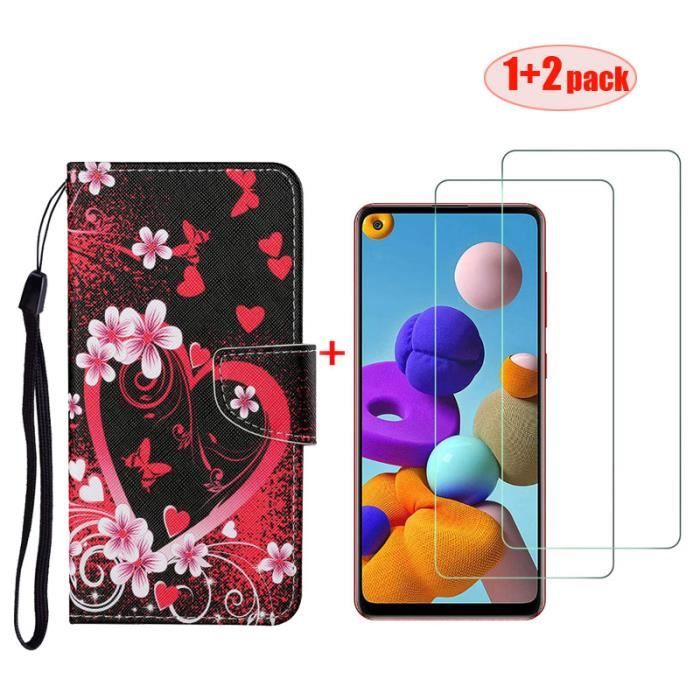 [2 Pack] verre trempé + Housse Motif Couverture Pochette Étui pour Samsung Galaxy A21S 6.5 Aimer