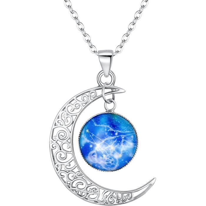 Clearine Collier 12 Constellations Astrologie Signes du Zodiaque Femme 925 Argent Lumineux Fluorescent Forme Lune Parure Cadeau Bijou Horoscope 