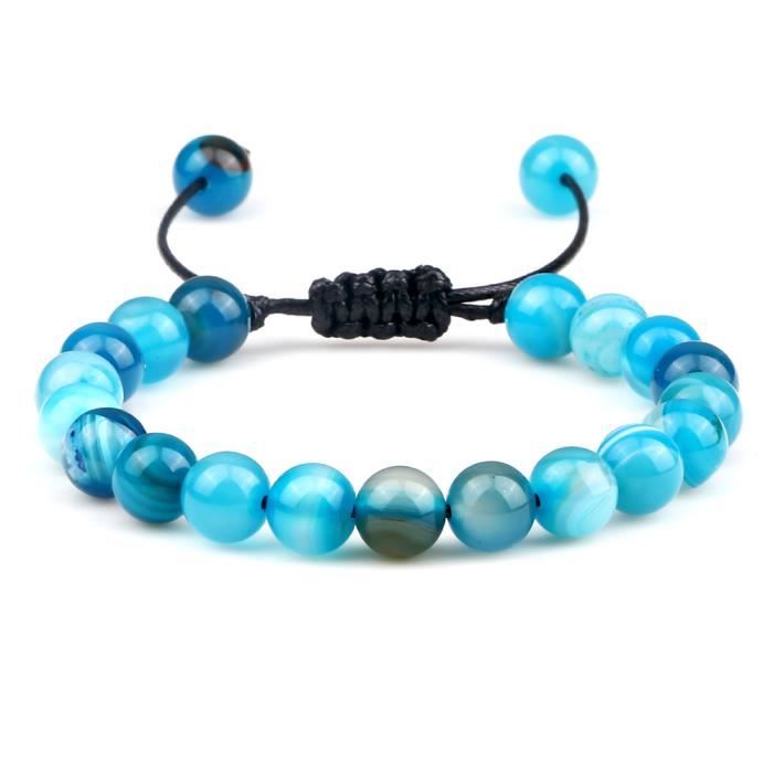 Bracelet Perles Agate Rayures Bleues - Fait Main, Sur Mesure, Sans Fermoir, Pierre Naturelle