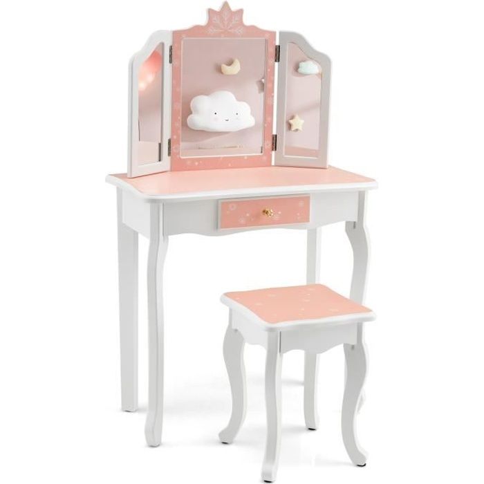 LALAHO Coiffeuse Pour Enfants Avec Miroir à Trois Volets Et Tabouret - Design Licorne Magique (Blanc)