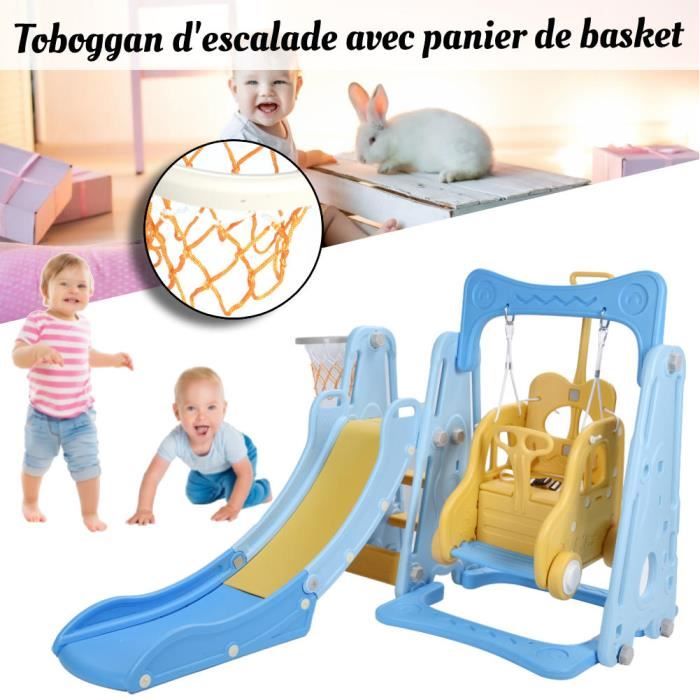 Portique enfant toboggan et balançoire avec panier de basket-ball
