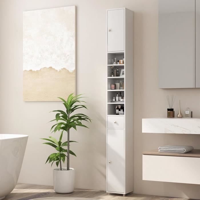 GIANTEX Meuble Colonne de Salle de Bain 180 cm avec 2 Portes+Tirior 5 Étagères Réglables Armoire Haute à 10 Étages Scandinave Blanc