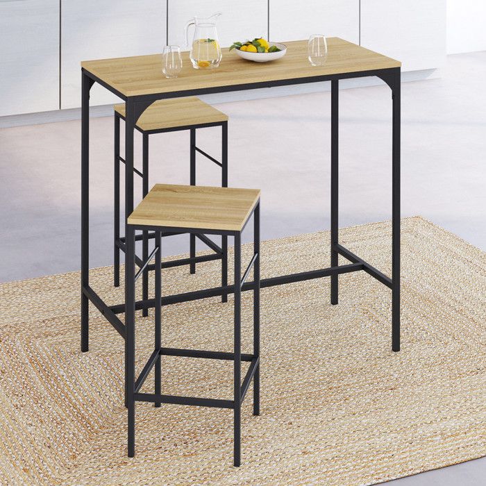 IDMARKET Ensemble table haute de bar DETROIT 95 cm et 2 tabourets design industriel IDMARKET Ensemble table haute de bar DETROIT 95 cm et 2 tabourets design industriel