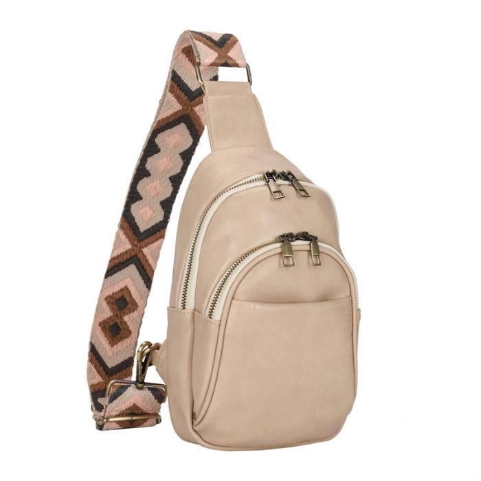 Sac de poitrine INSFITY - Petit sacoche à large bandoulière réglable en PU - Beige