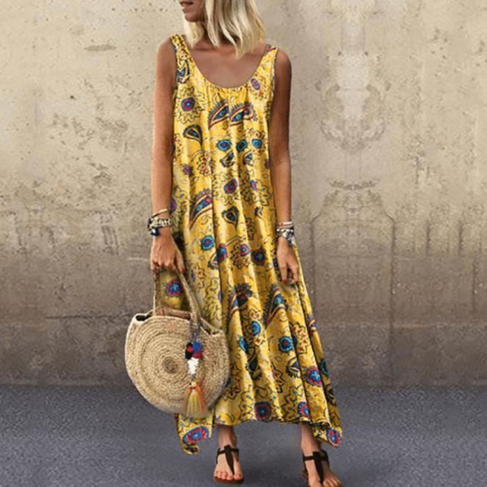 Robe Longue Bohème Été Sans Manches - Imprimé, Col V - Pour Plage, Soirée, Sortie Décontractée - Femme