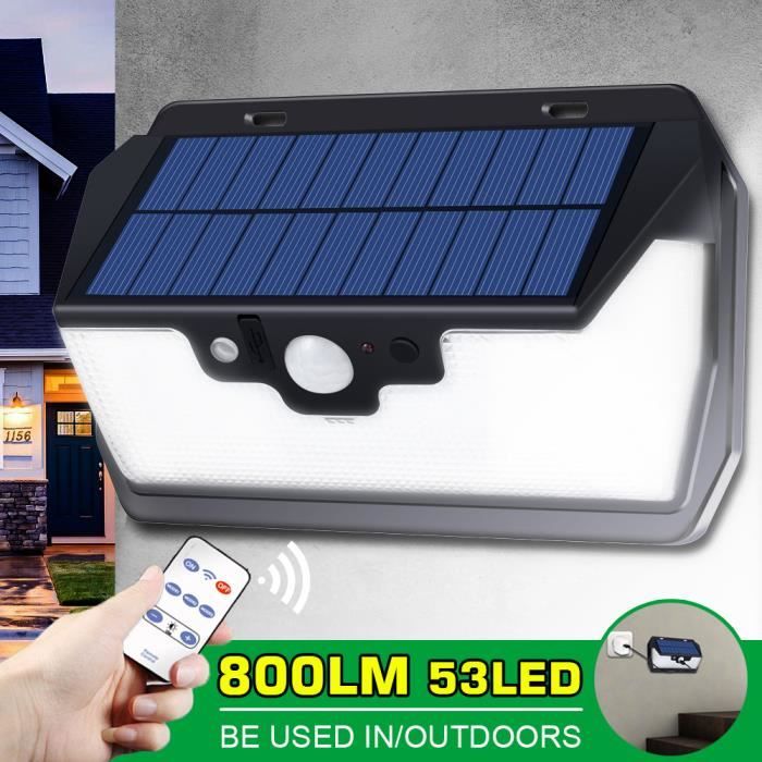 TEMPSA 53LED Lampe Solaire Applique Extérieure Télécommande Charge Solaire/USB Eclairage Jardin 800LM