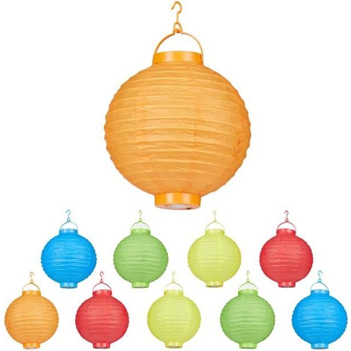 relaxdays lampion chinois led abat-jour papier lanterne boule 20 cm rond décoration set de 10 à piles, coloré - 4052025243524