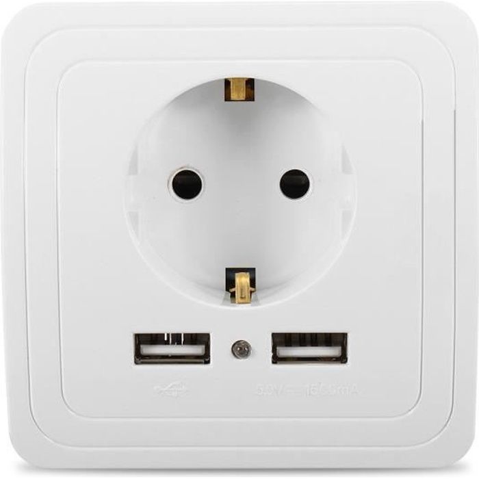 Prise Mural 2 USB Port Plaque Electrique 220V 16A à Adaptateur Chargeur Câble pour Android iPhone iPad BLANC