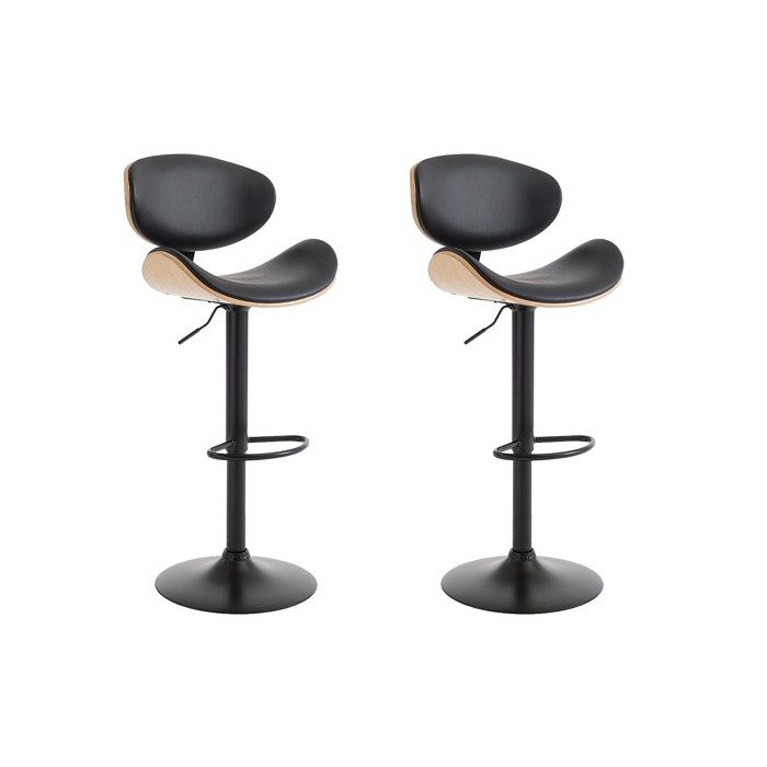 Lot de 2 tabourets de bar en simili placage chêne et métal - Hauteur réglable - Naturel clair et Noir - MONTENEGRO
