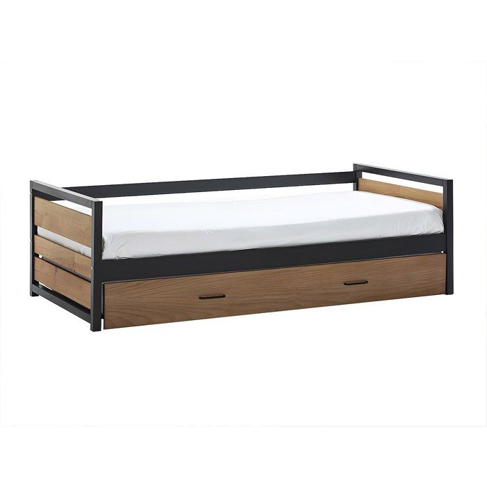 Lit gigogne industriel BOSTON - 2 x 90 x 190 cm - MDF Pin et métal - Coloris : Noyer et anthracite
