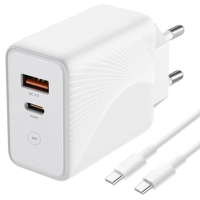 Chargeur USB-C 30W Avec Câble 2m – Rapide, Compatible IPhone 15/16, Pack De 2
