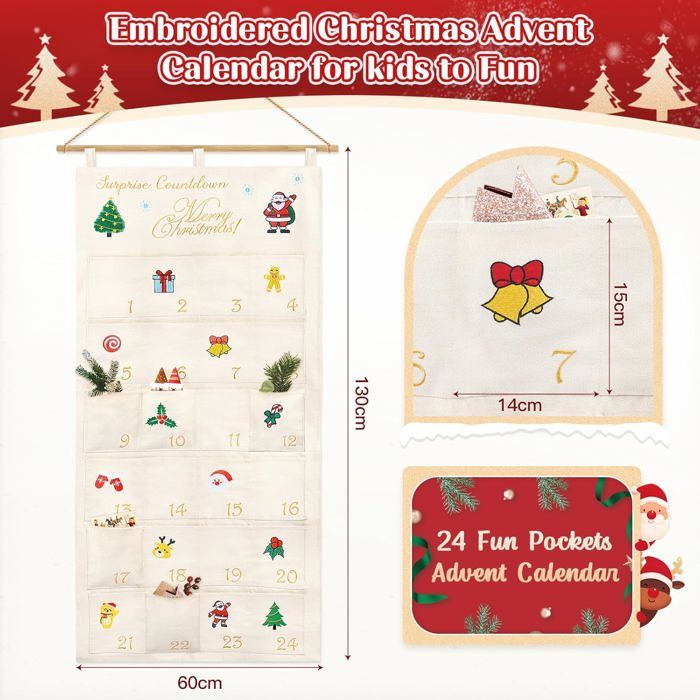 Calendrier De L’Avent 2025 En Tissu – 24 Pochettes à Remplir – 60 X 130 Cm – Réutilisable – Décoration Murale Noël
