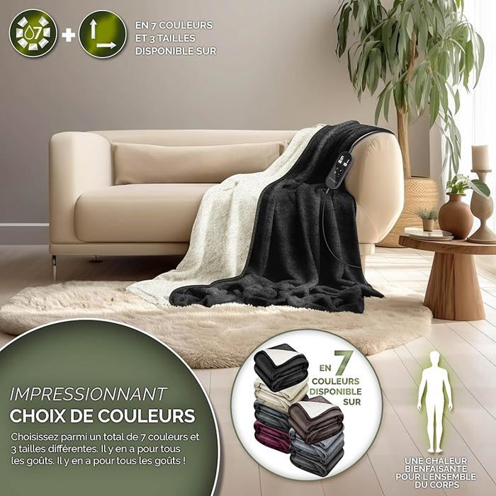 Couverture Chauffante,couverture en peluche180200cm,6 Températures, Minuterie de 10H, Affichage LED,Lavable en Machine,pour Canapé, Bureau,Gris