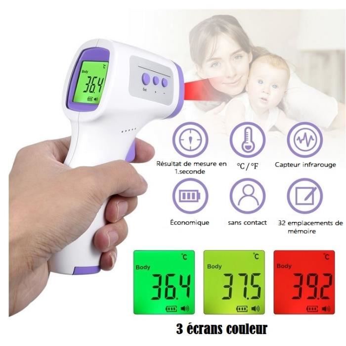 Thermomètre frontal infrarouge avec écran couleur numérique - Mesure rapide  en 1